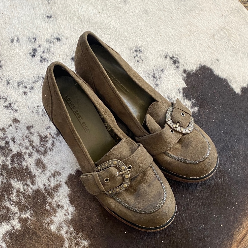 LOWER EAST SIDE Brown Suede Wedges with Buckle